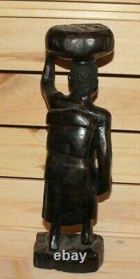 Vieille Statuette Africaine Sculptée À La Main En Bois Femme Porte Navire Sur Sa Tête