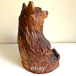 Vieille Tronçonneuse Bois Sculpté Grizzly Bown Bear Folk Art Sculpture 14 X 10