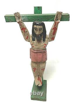 Vieux Jésus Sur La Croix Sculpté Crucifix Religieux Art Populaire Primitif
