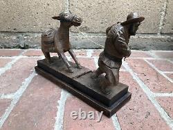 Vieux Prospecteur En Bois Sculpté Miner Avec Stubborn Donkey Mule Statue Figurine