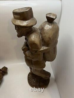 Vieux Voyageur Homme Sculpté À La Main En Bois Statue Set Folk Art 3 Hommes