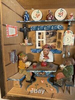 Vintage Allemand Diorama Shadow Box Hand Painted / Hand Carved Folk Art