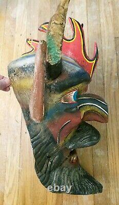 Vintage Art Populaire Mexicain Diable Masque Peint À La Main Sculpté Goat Horns Guerrero