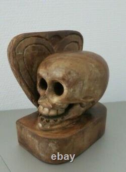 Vintage Book Ends Skull & Heart Carved Wood Folk Art Nouveau-mexique Rare
