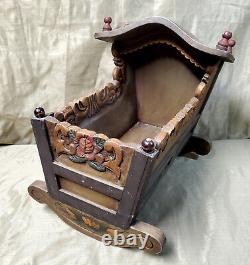 Vintage Carved Wood Baby Doll Cradle Handmade Rustic Rocker Crib Folk Art