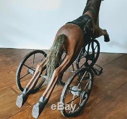 Vintage Cheval Jouet Vélo En Cuir En Bois Massif Sculpté À La Main Crins Queue Folk Art