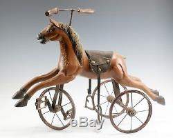 Vintage En Bois Sculpté Cheval Tricycle Vélo Folk Art Home Décor Jouet