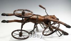 Vintage En Bois Sculpté Cheval Tricycle Vélo Folk Art Home Décor Jouet