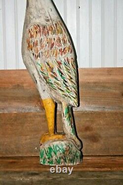 Vintage Folk Art Bois Sculpté Et Grue Peinte Goose Decoy Bird Mexicain 29 H