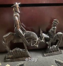 Vintage Folk Art Don Quichotte & Figurines Sculptées En Bois De Sancho 14.5 Et 11