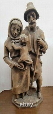 Vintage Folk Art Main Sculpté Bois Homme Femme Tenant Enfant 21 Pouces