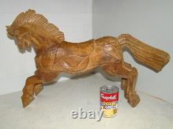 Vintage Folk Art Main Sculptée Bois Sauvage Stallion Mustang Cheval 15h X 24 X 6