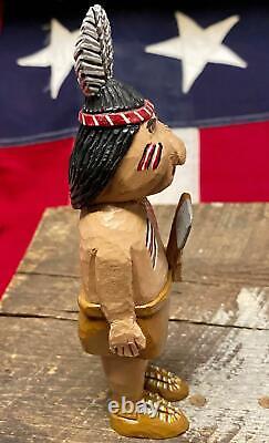 Vintage Folk Art Sculpté Bois Indien Brave Figure Amérindienne Re Bachman