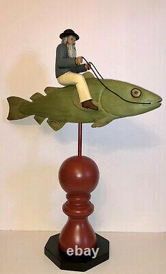 Vintage Folk Art Wood Carving Man Riding Fish. Signé Bill Harris En 1994. S.c