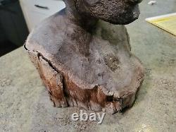 Vintage Hand Carved Folk Art Détaillé Man Head Bust Wood Tree 12 Tall 13.5 Lbs