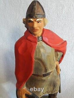 Vintage Henning 15 Viking Warrior Main Sculptée Figurine En Bois Peint Norvège Grande