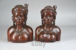 Vintage Main Sculpté Ebony Wood Tribal Shaman & Shamaness Busts Folk Art Euc