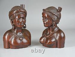 Vintage Main Sculpté Ebony Wood Tribal Shaman & Shamaness Busts Folk Art Euc