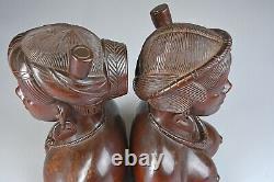 Vintage Main Sculpté Ebony Wood Tribal Shaman & Shamaness Busts Folk Art Euc
