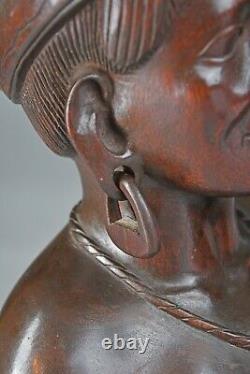 Vintage Main Sculpté Ebony Wood Tribal Shaman & Shamaness Busts Folk Art Euc