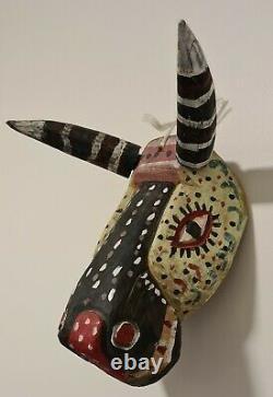 Vintage Masque De Bois Sculpté Guatemala Animal Folk Art Horn