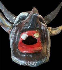 Vintage Masque Sculpté Guerrero Mexicain Folk Art Sculpté Bois Devil Diablo Horns