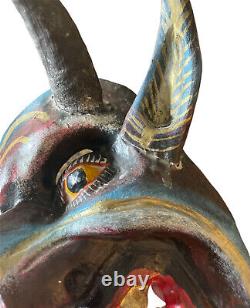 Vintage Masque Sculpté Guerrero Mexicain Folk Art Sculpté Bois Devil Diablo Horns