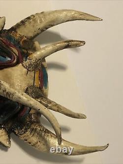 Vintage Mexicain Folk Art Bois Sculpté Masque Horned Horns Face Devil