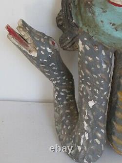 Vintage Mexicain Folk Art Masque En Bois Sculpté Femme Avec Des Serpents De Guerrero Des Années 1970