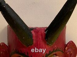Vintage Mexican Folk Art Devil Red Wooden Carved Mask