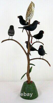 Vintage Pennsylvania Folk Art Manfred Scheel Carved Blackbird Tree With Owl