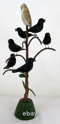 Vintage Pennsylvania Folk Art Manfred Scheel Carved Blackbird Tree With Owl