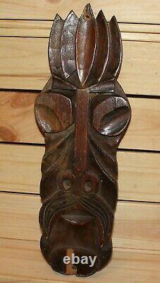 Vintage Polynésien Tiki Sculpture À La Main Mural En Bois Suspension Masque Tribal