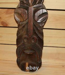 Vintage Polynésien Tiki Sculpture À La Main Mural En Bois Suspension Masque Tribal