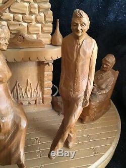Vintage Sculpté À La Main En Bois Folk Art G. Fortin Figural Sculpture Famille Lampe De Table