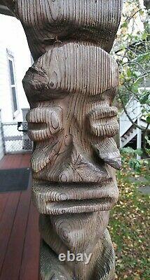 Vintage Tiki Style Carved Wood Faces Folk Art Red Cedar Totem 24 Polynésien