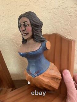 Vtg Poly Chrome Sculpture en bois sculptée à la main en art populaire - Serre-livres Tête de figure féminine Nautique