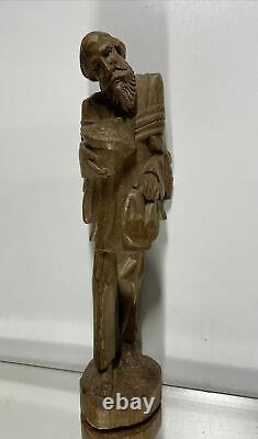 Vtg. Religious Wood Folk Art Carving À La Main Statue Friar