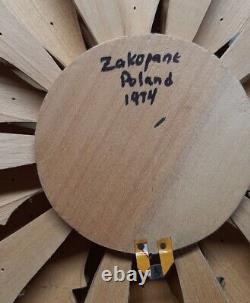 Vtg Wood Sunflower Zagopane Pologne 1974 Folk Art Énorme 24 Sculpture Suspendue