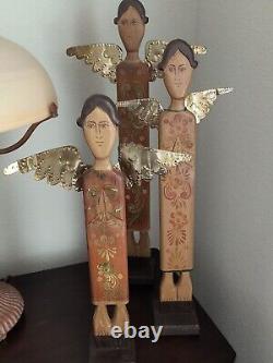 Vtg x3 Uniques anges mexicains en art populaire MEXIQUE peints à la main en bois sculpté et étain