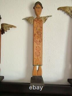 Vtg x3 Uniques anges mexicains en art populaire MEXIQUE peints à la main en bois sculpté et étain