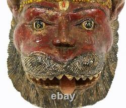 =antique Masque De Bois De Polychrome Sculpté D'hindu Lion Dieu Narasimha Raj Inde